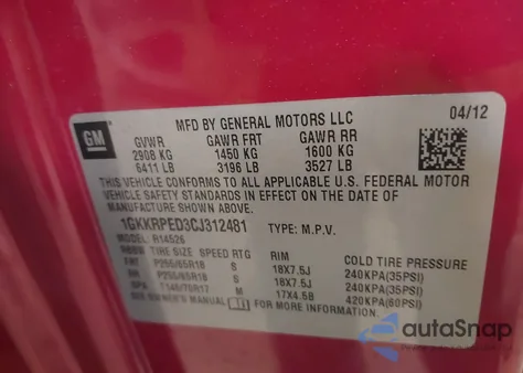 2012 GMC Acadia Sle из США, поврежденный, VIN 1GKKRPED3CJ312481